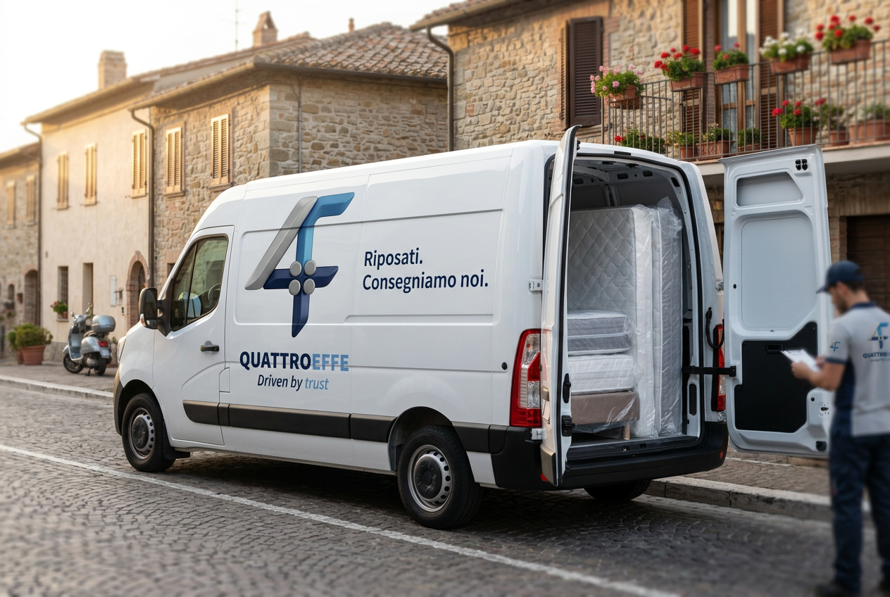 Operatore QUATTROEFFE carica un materasso su un furgone brandizzato