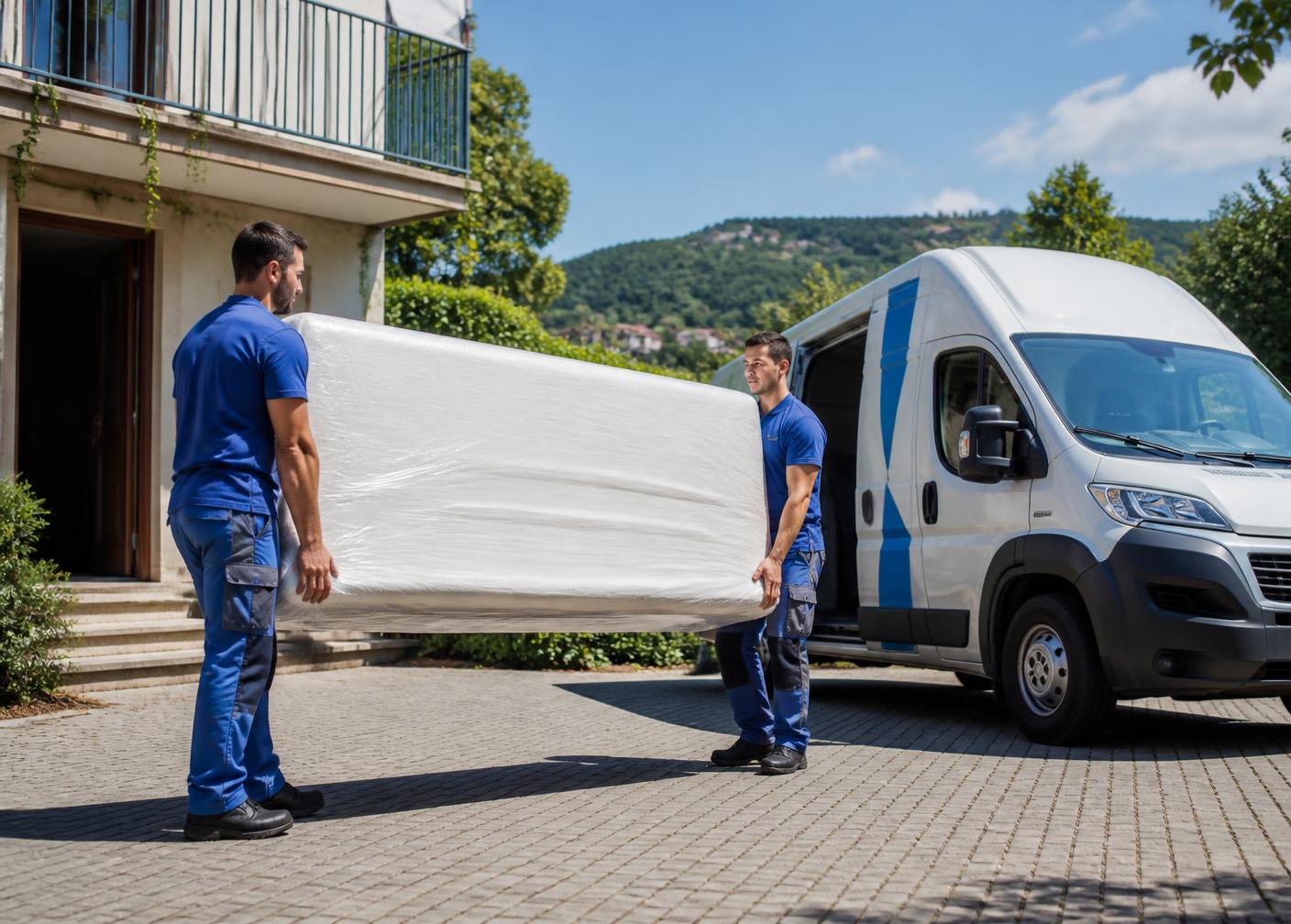 Due operatori in divisa trasportano un materasso fuori da una casa
